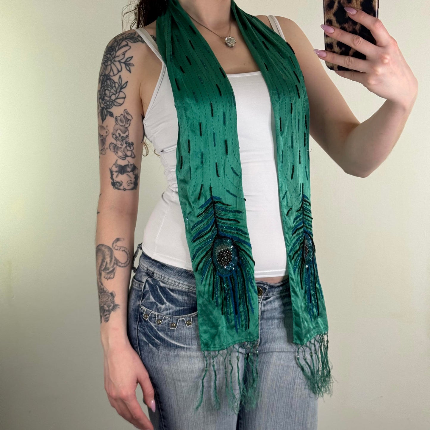 Y2K vintage silk scarf peacock feather beaded sequin fringe lightweight