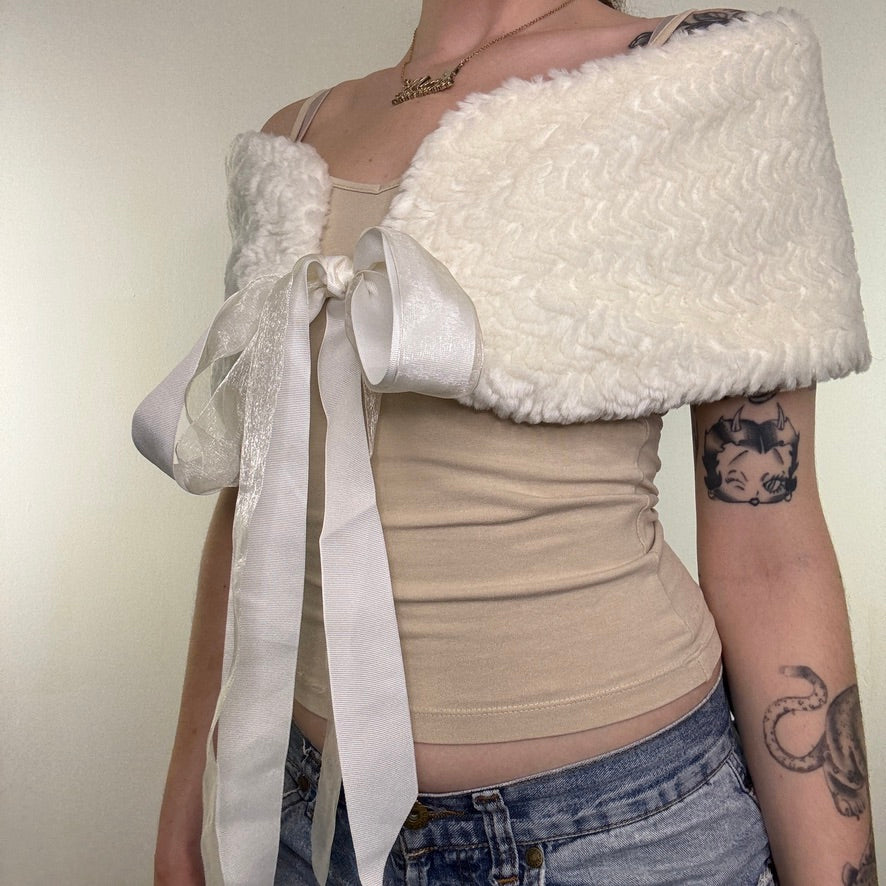 Y2K vintage white faux fur shawl cover up bow