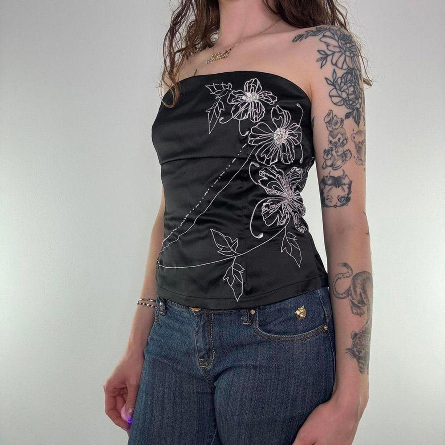 Y2K vintage Jane Norman satin floral strapless top sequin embroidery