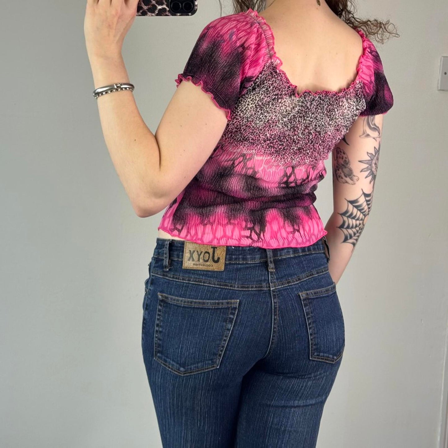 Y2K vintage stretchy off the shoulder leopard print giraffe ombre short sleeve