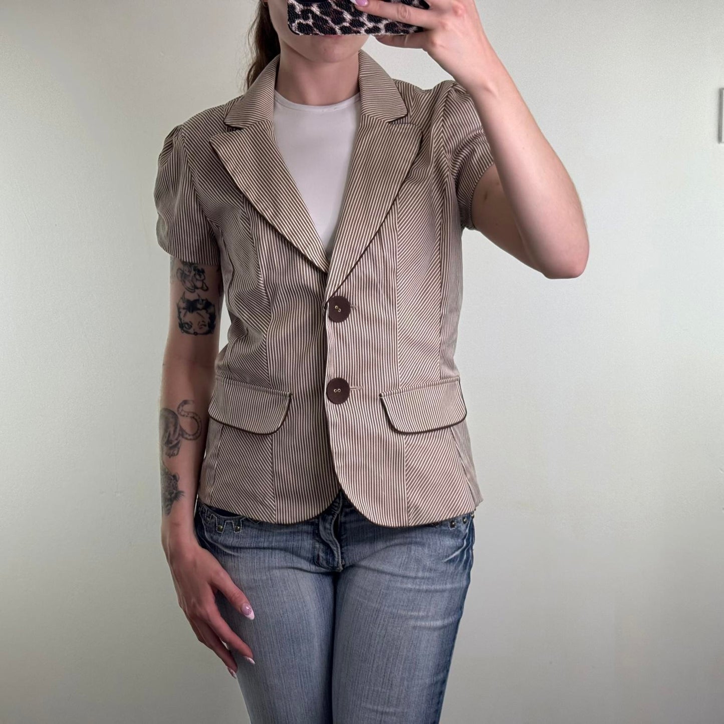 Y2K vintage short sleeve button up blazer pinstripe jacket ruched puff pea coat