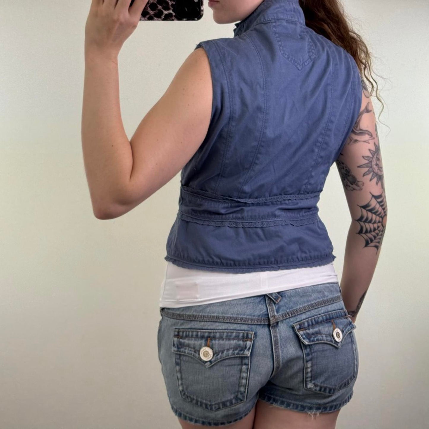 Y2K vintage hook and eye denim waistcoat top military high neck sleeveless