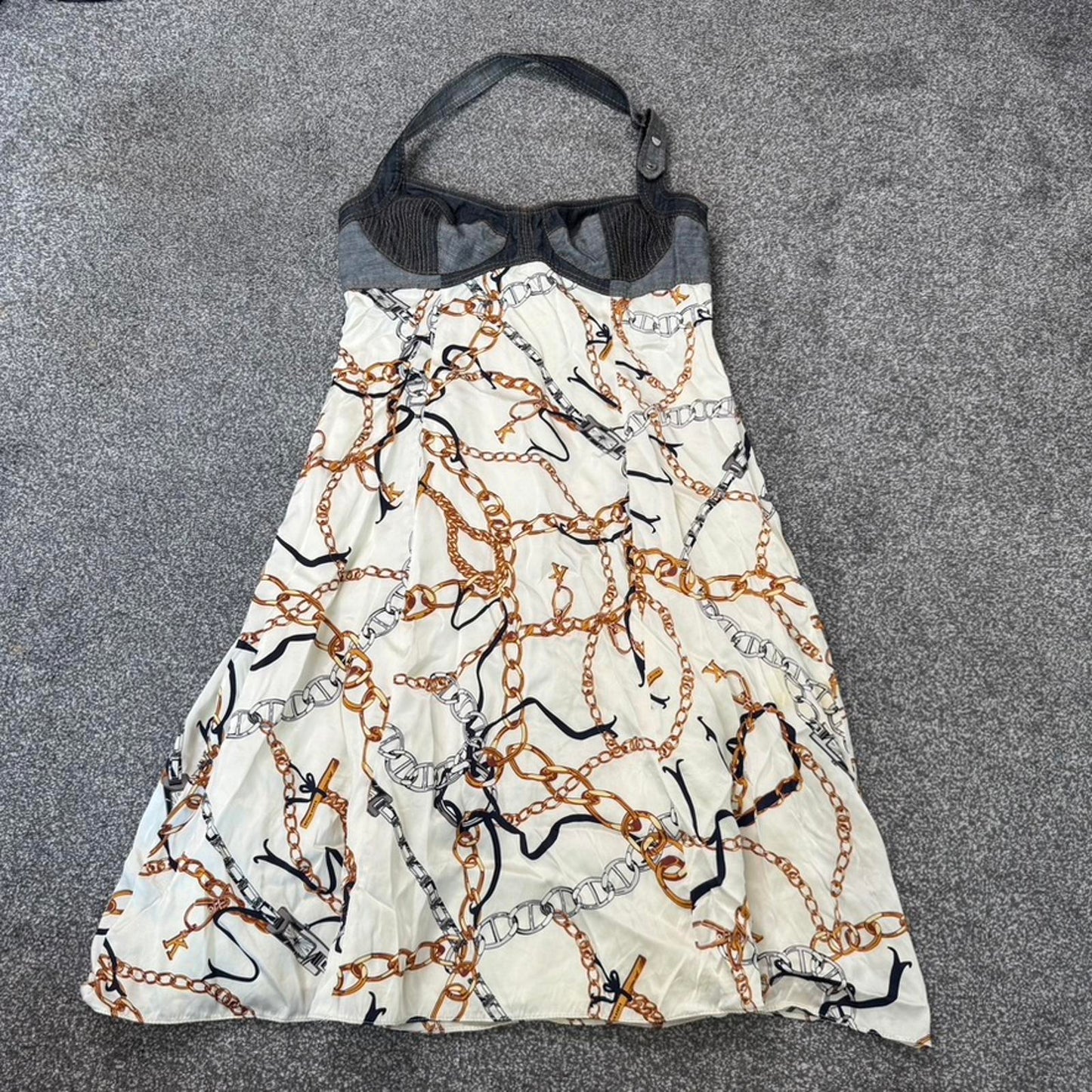 Y2K vintage Karen Millen silk denim midi dress halter neck a line chain pattern