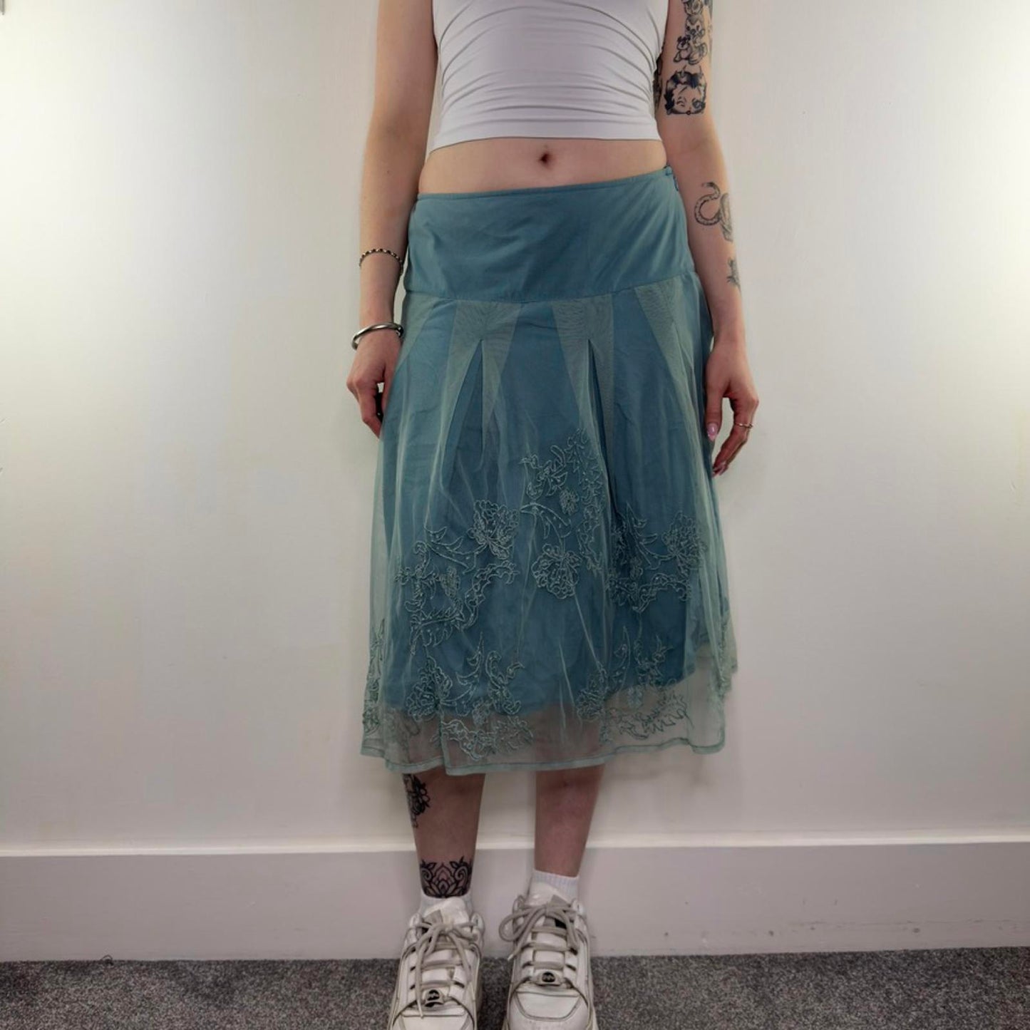 Y2K vintage mesh fishnet double layered midi skirt a line floral embroidered