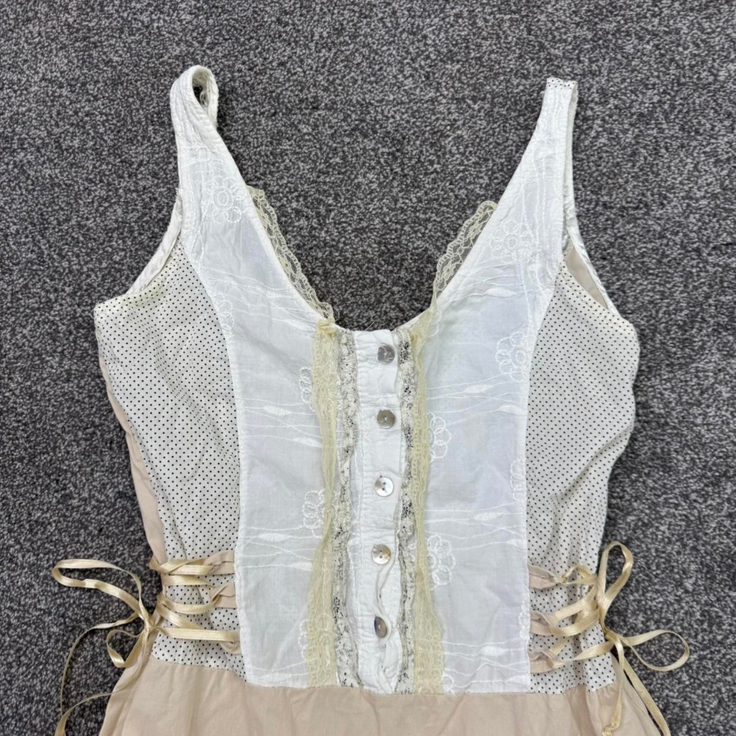 Y2K vintage coquette midi dress a line broderie anglaise lace trim polka dot