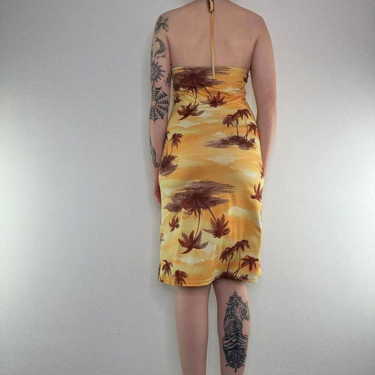 Y2K vintage stretchy summer sunset palm tree halter neck midi dress beach