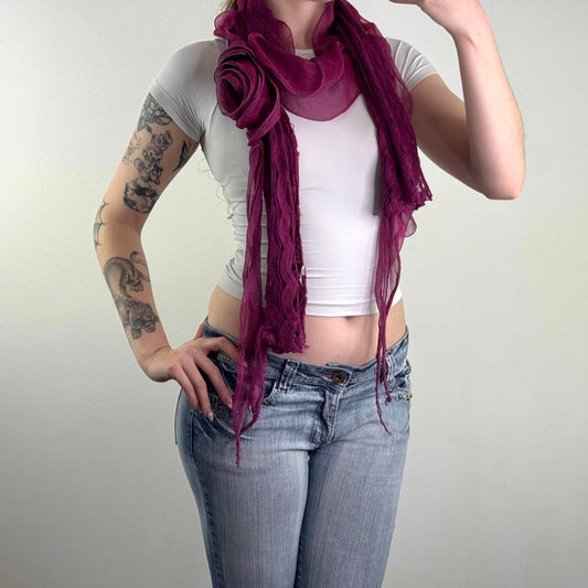 Y2K vintage rose fine knit ruffle scarf 3D rose purple