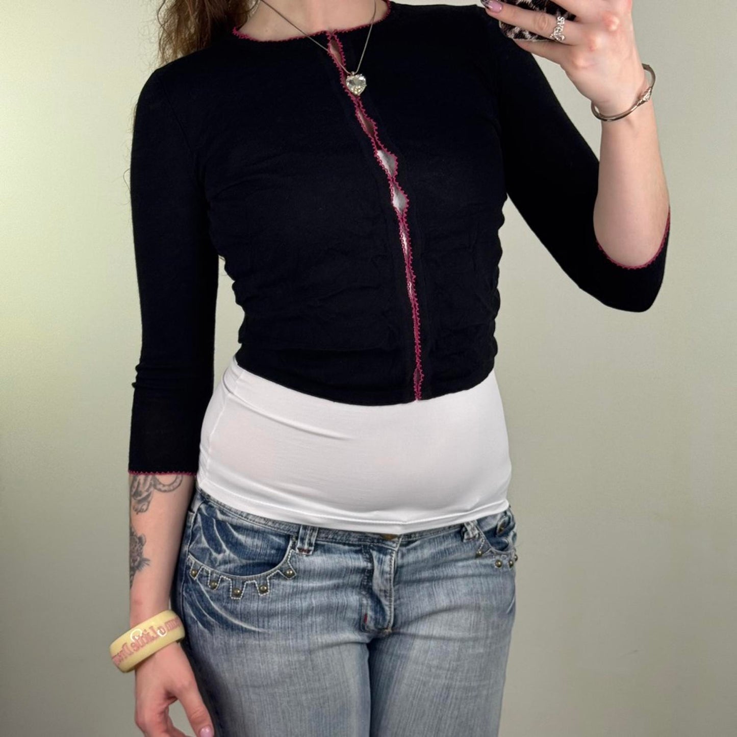Y2K vintage cardigan 3/4 sleeve hook eye cropped high neck black pink stretchy