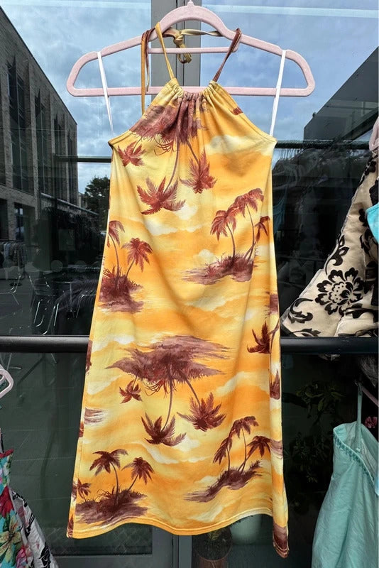 Vintage 2000s Orsay slinky summer dress halter neck palm tree print