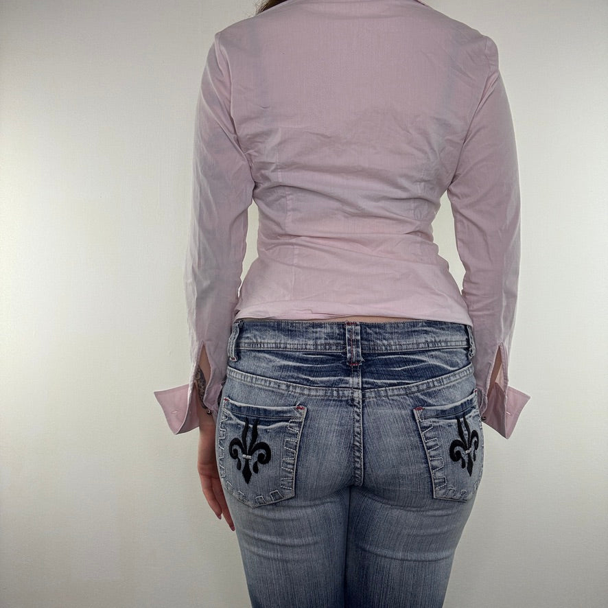 Y2K vintage fitted shirt long sleeve button up stretchy baby pink office formal