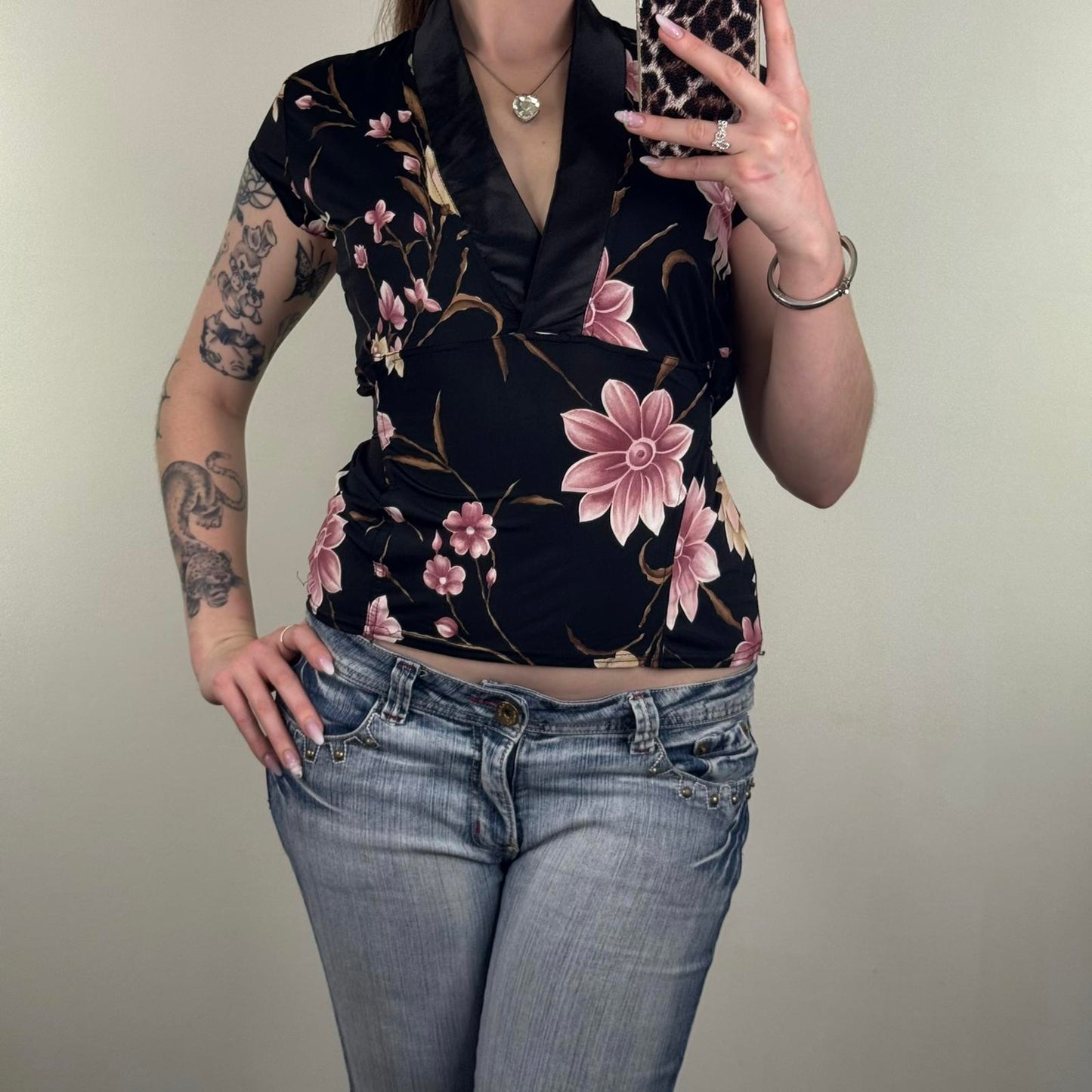 Y2K vintage slinky floral stretchy cap short sleeve top deep v neck tie back bow