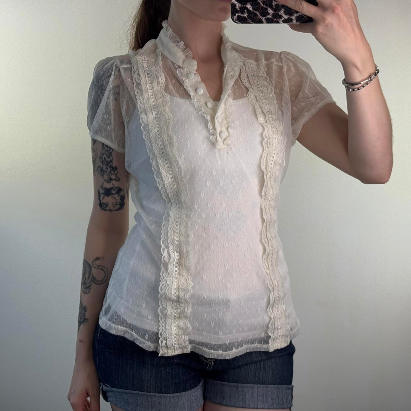 Y2K vintage mesh sheer short sleeve top coquette frilly button up high neck