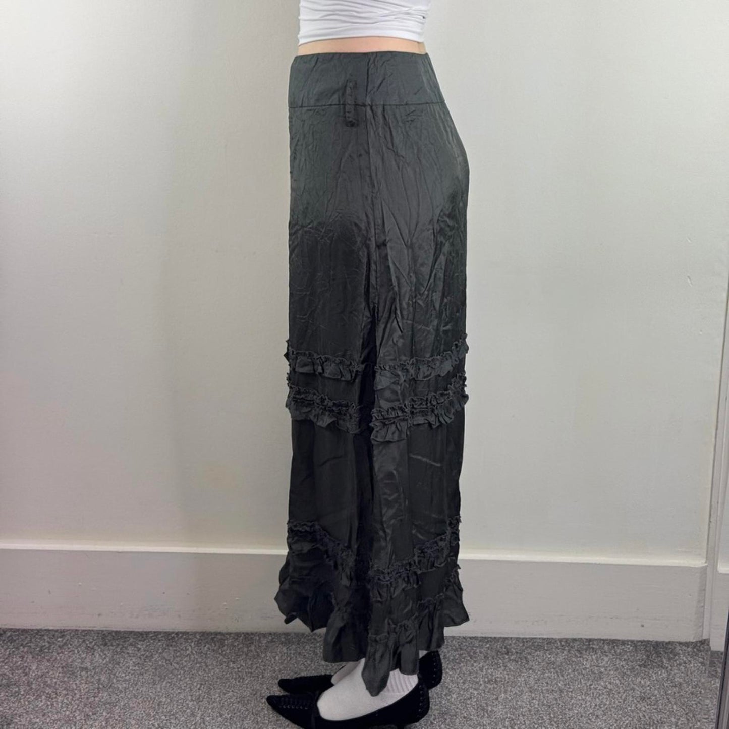 Y2K vintage maxi skirt a line ruffle hem dark grey acetate ruched lightweight