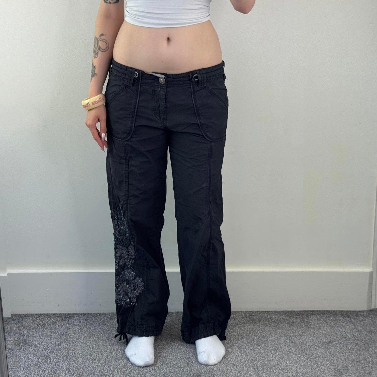 Y2K vintage low rise baggy cargo trousers black embellished sequin embroidery