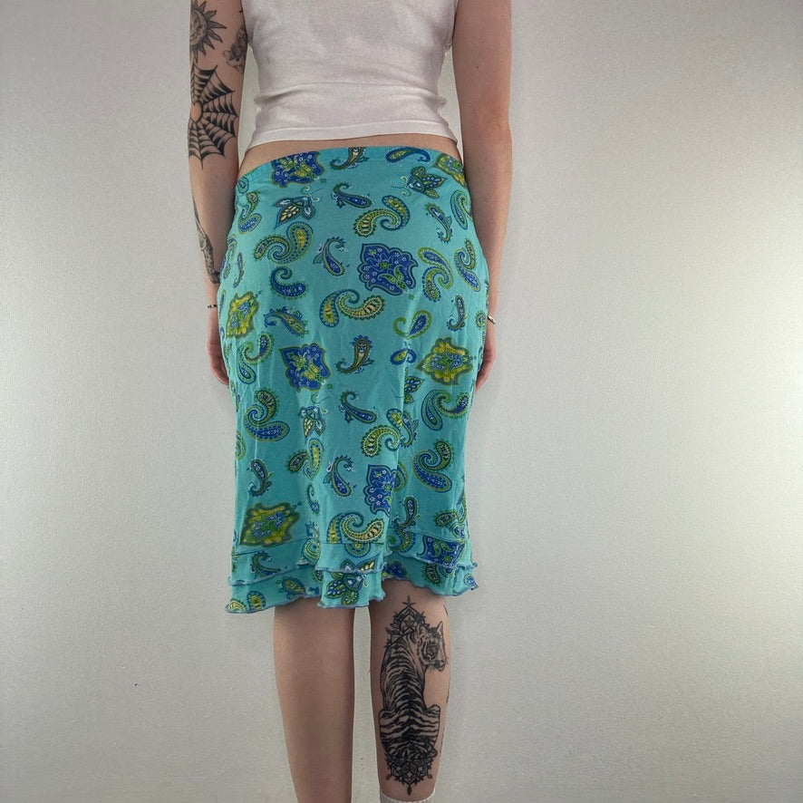 Y2K paisley lettuce hem mesh mini skirt