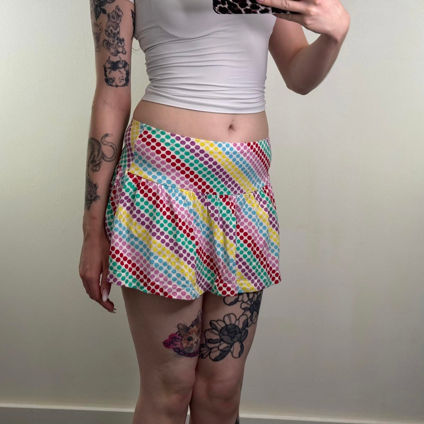 Y2K vintage stretchy polka dot mini skirt low/mid rise multi rainbow white