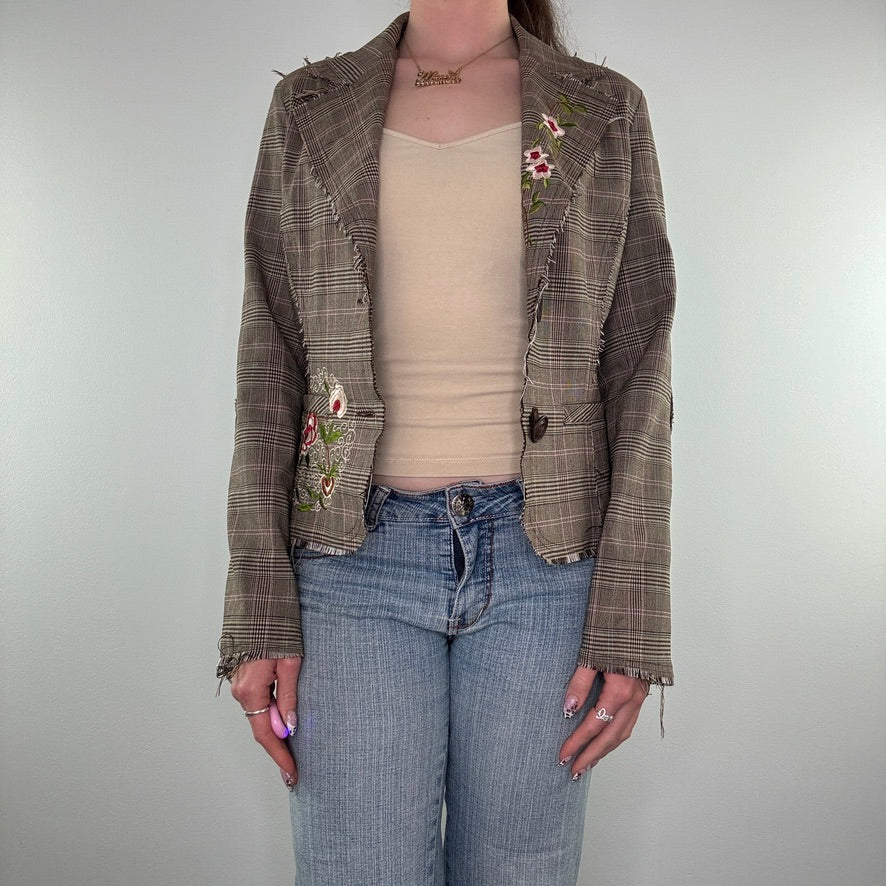 Y2K fitted tartan floral embroidered blazer