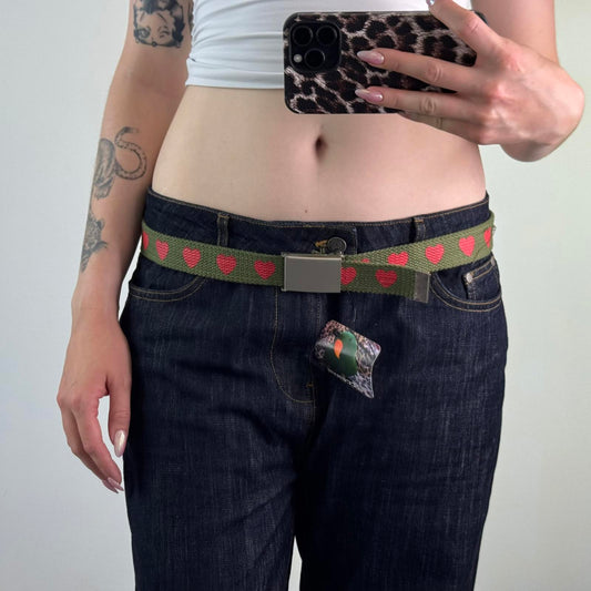 Y2K vintage canvas heart belt khaki red print adjustable