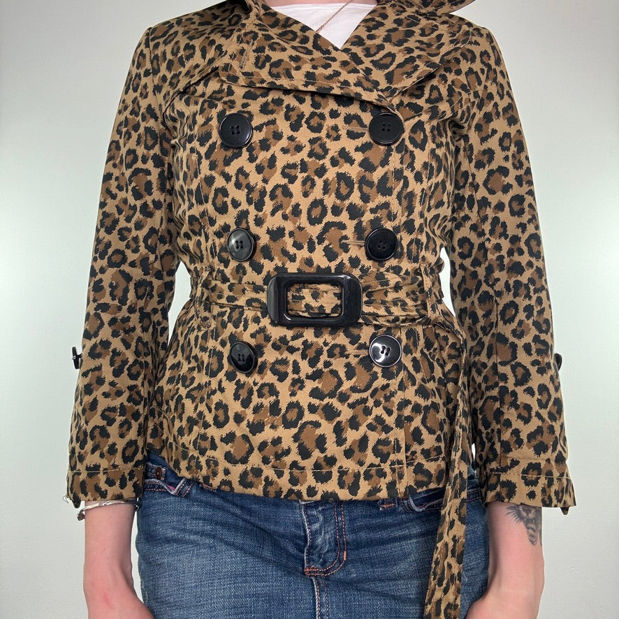 Leopard print button up belt short trench coat jacket