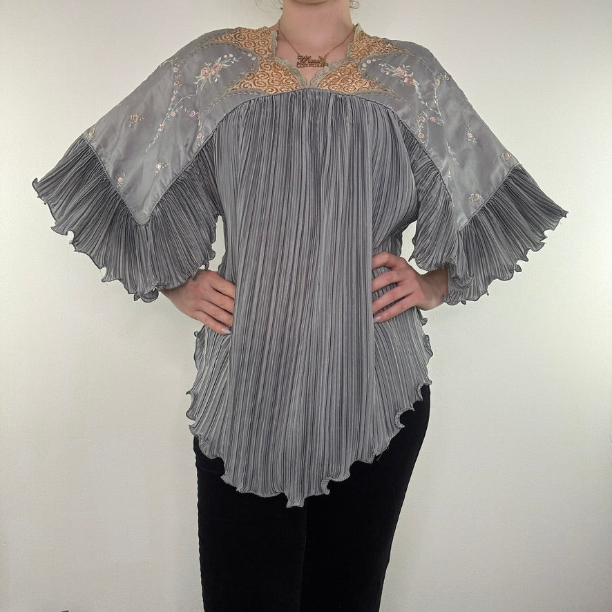 Vintage 70s Janice Wainwright silk floral embroidered pleated floaty blouse top