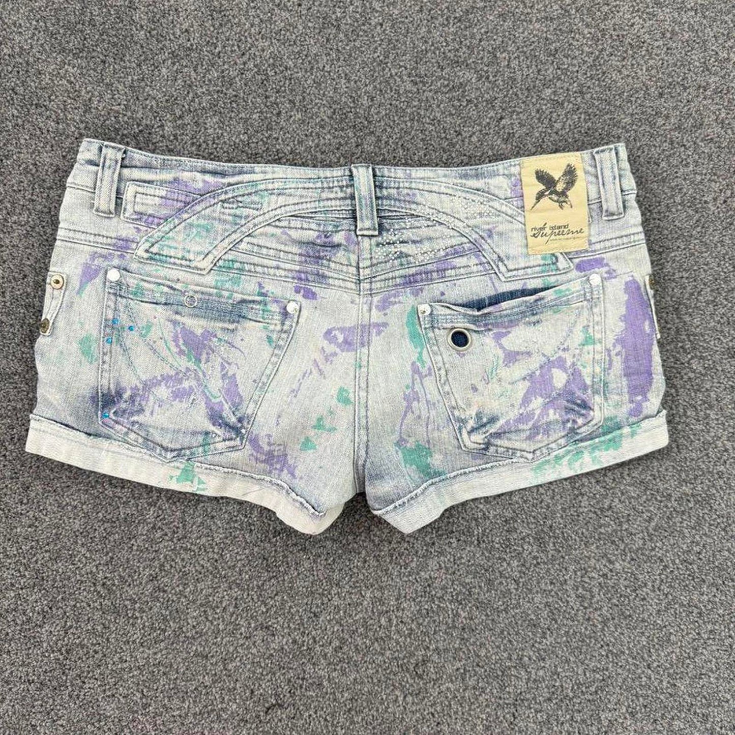 Y2K vintage low rise mini denim shorts paint splatter rhinestone embellished