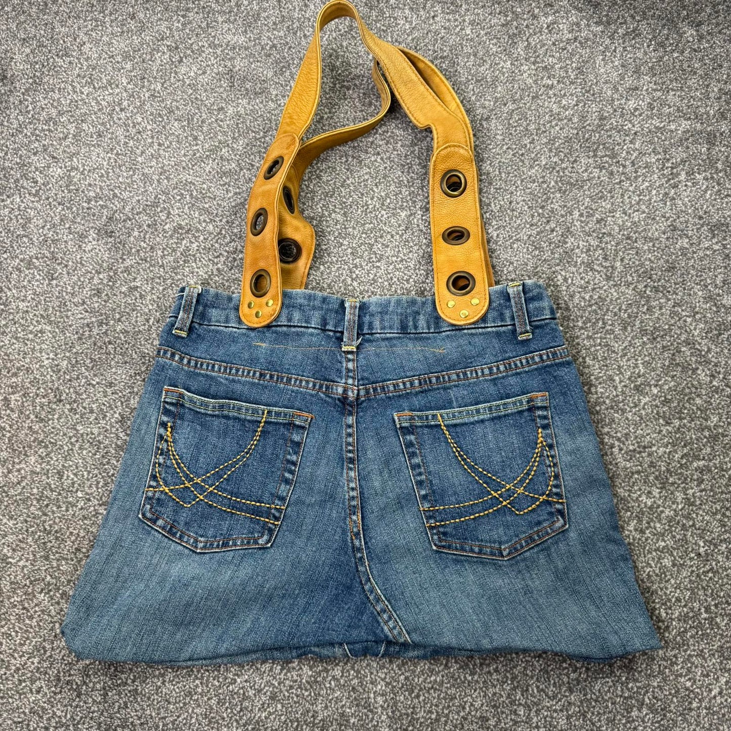 Y2K vintage large reworked denim shoulder bag leather straps grommet blue brown