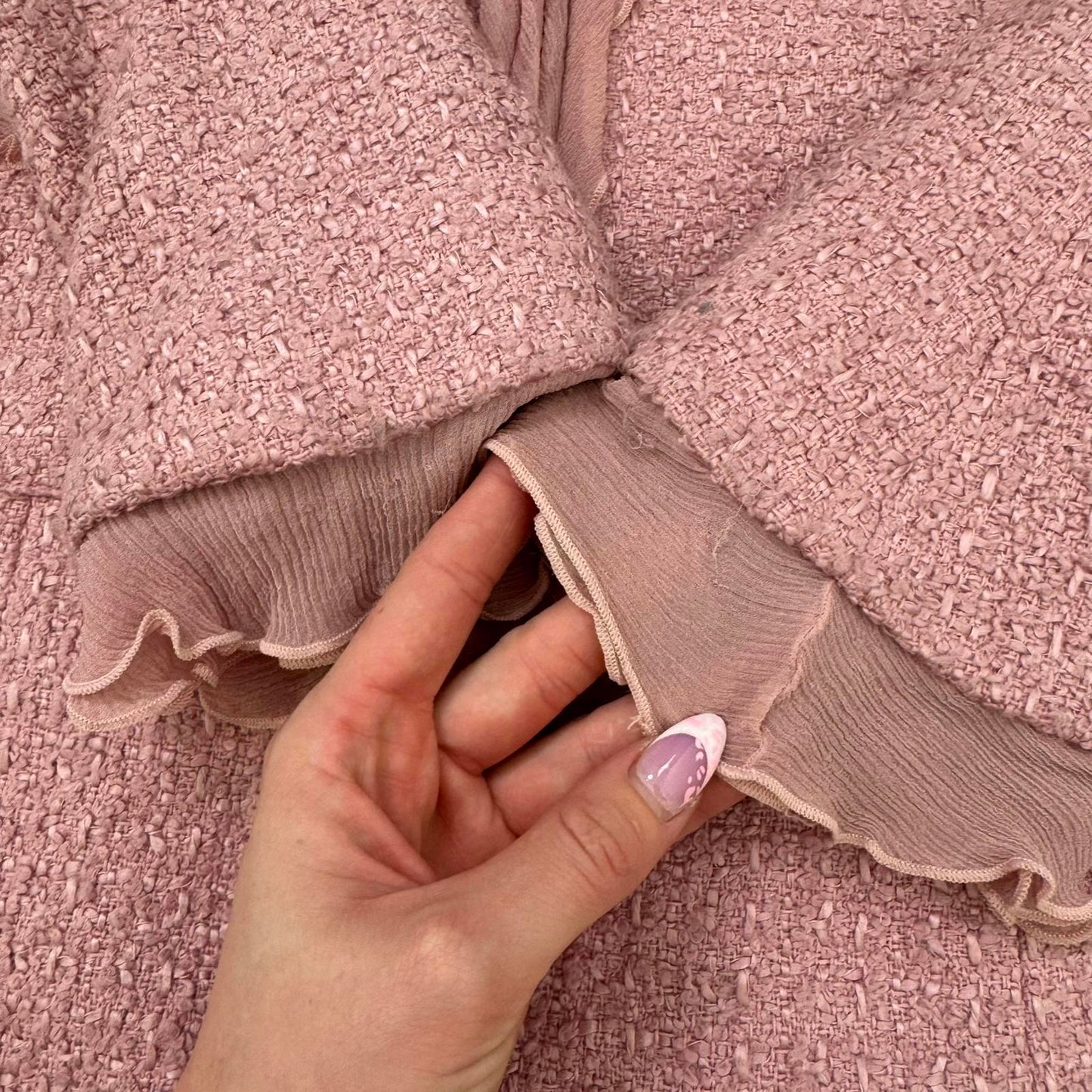 Y2K vintage wool blend long trench coat shoulder pads frill pink bow tweed