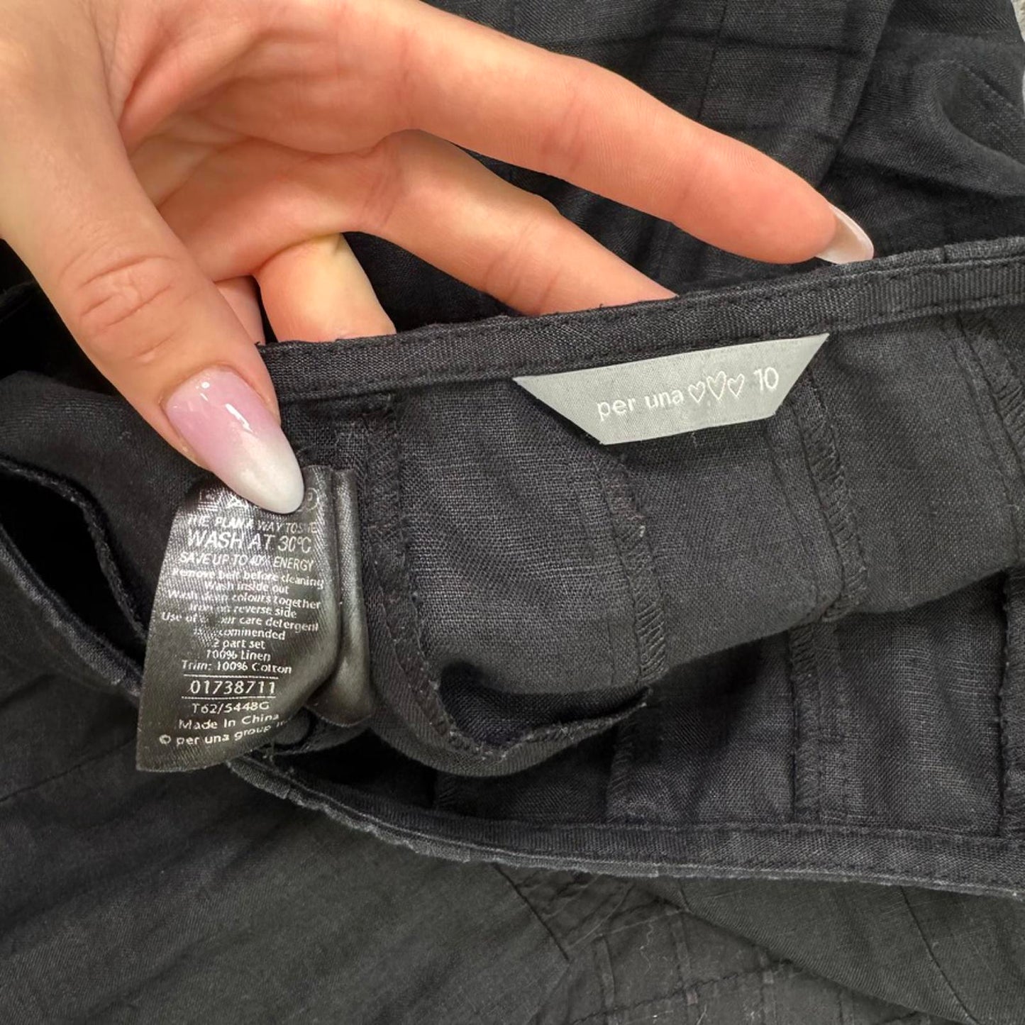 Y2K vintage 100% pure linen maxi skirt pattern hem trim stripe check black