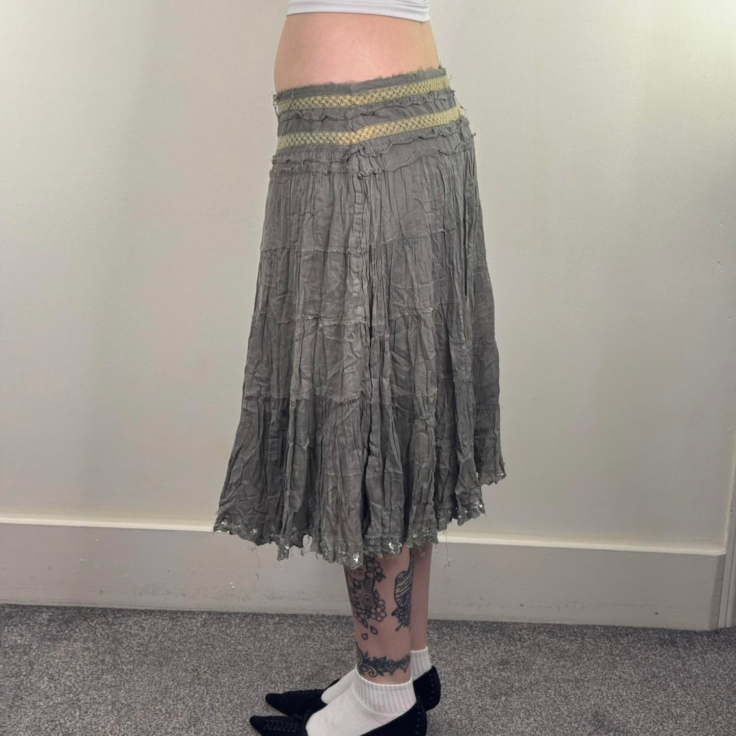 Y2K vintage River Island midi skirt a line tiered sequin embellished trim boho