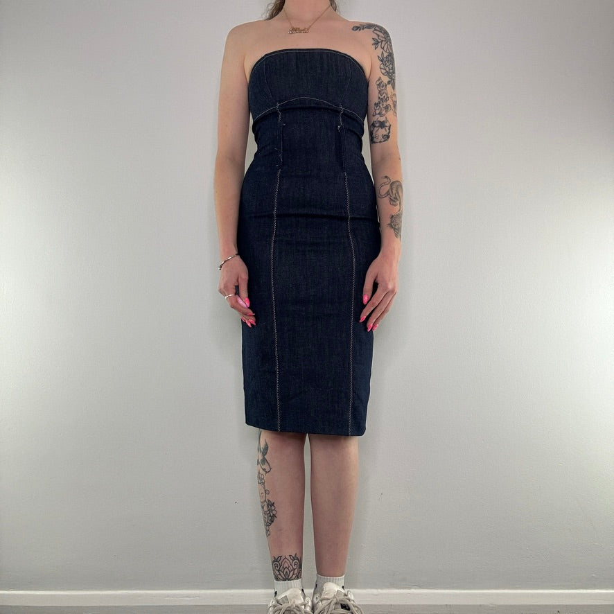 Y2K strapless contrast stitch denim midi dress