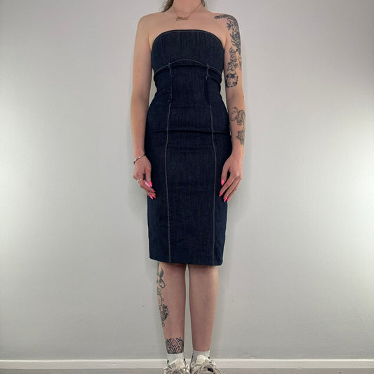 Y2K strapless contrast stitch denim midi dress