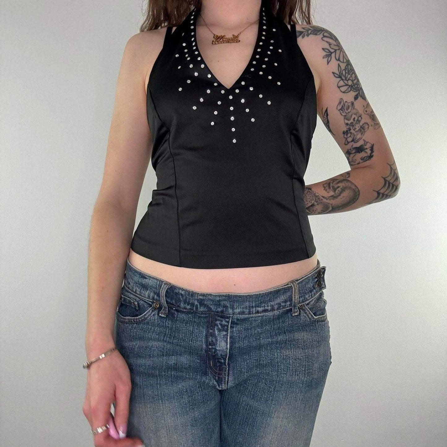 Y2K vintage satin sequin halter neck top embellished fitted v neck