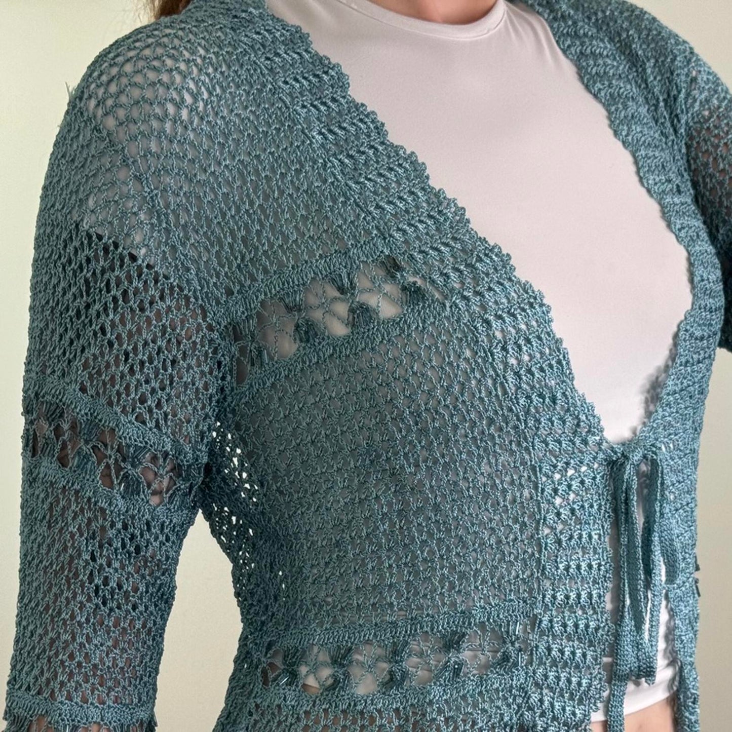 Y2K vintage crochet cardigan long sleeve tie bow turquoise scallop hem v neck