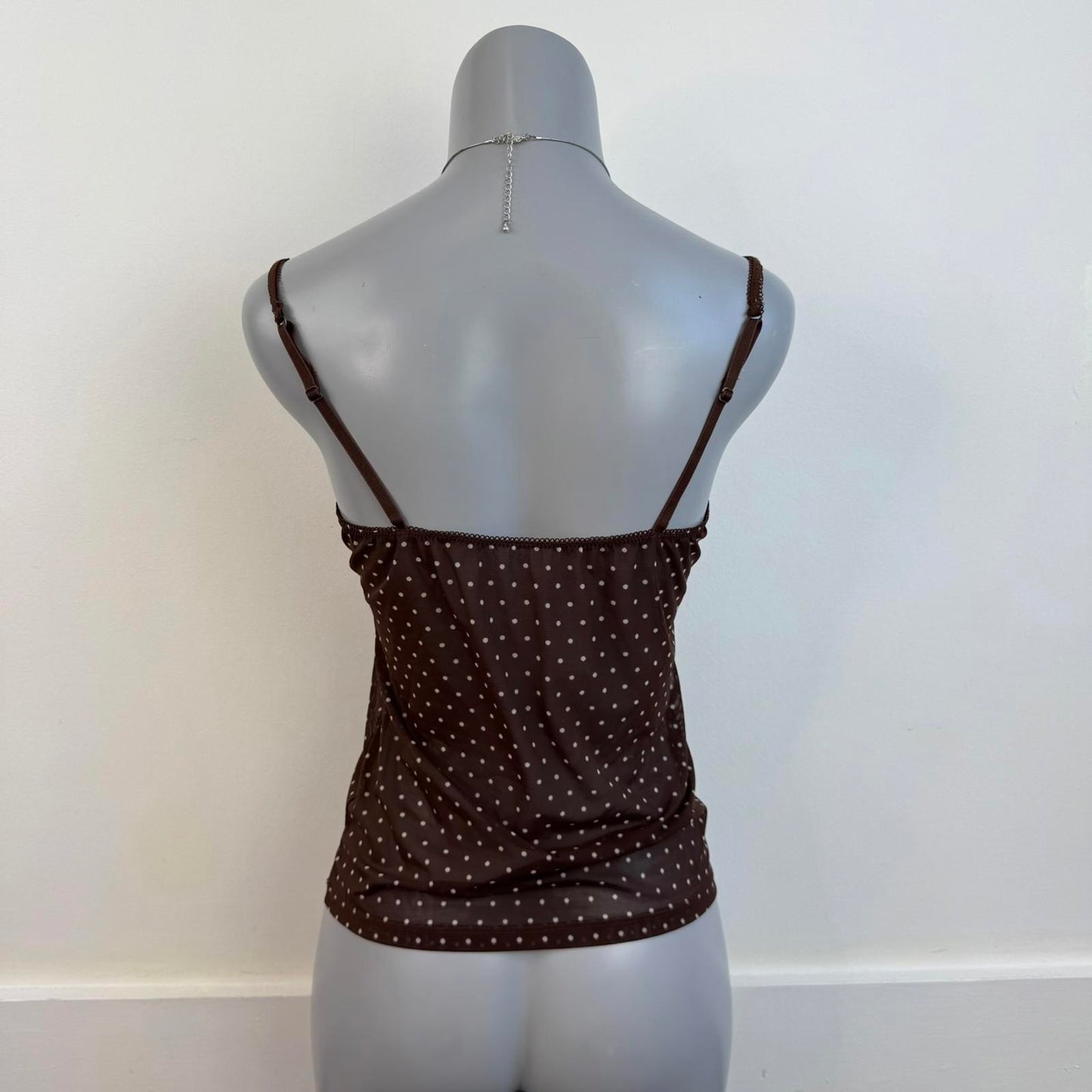 Y2K vintage poka dot mesh cami top bow sheer stretchy v neck lace trim bust