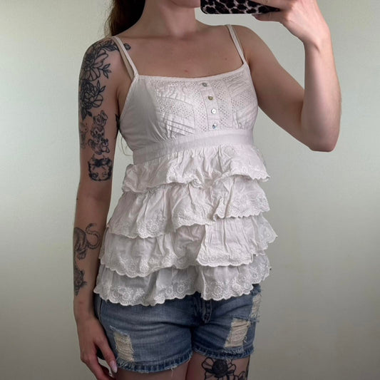 Y2K vintage ruffle cami top strappy broderie anglaise buttons frill