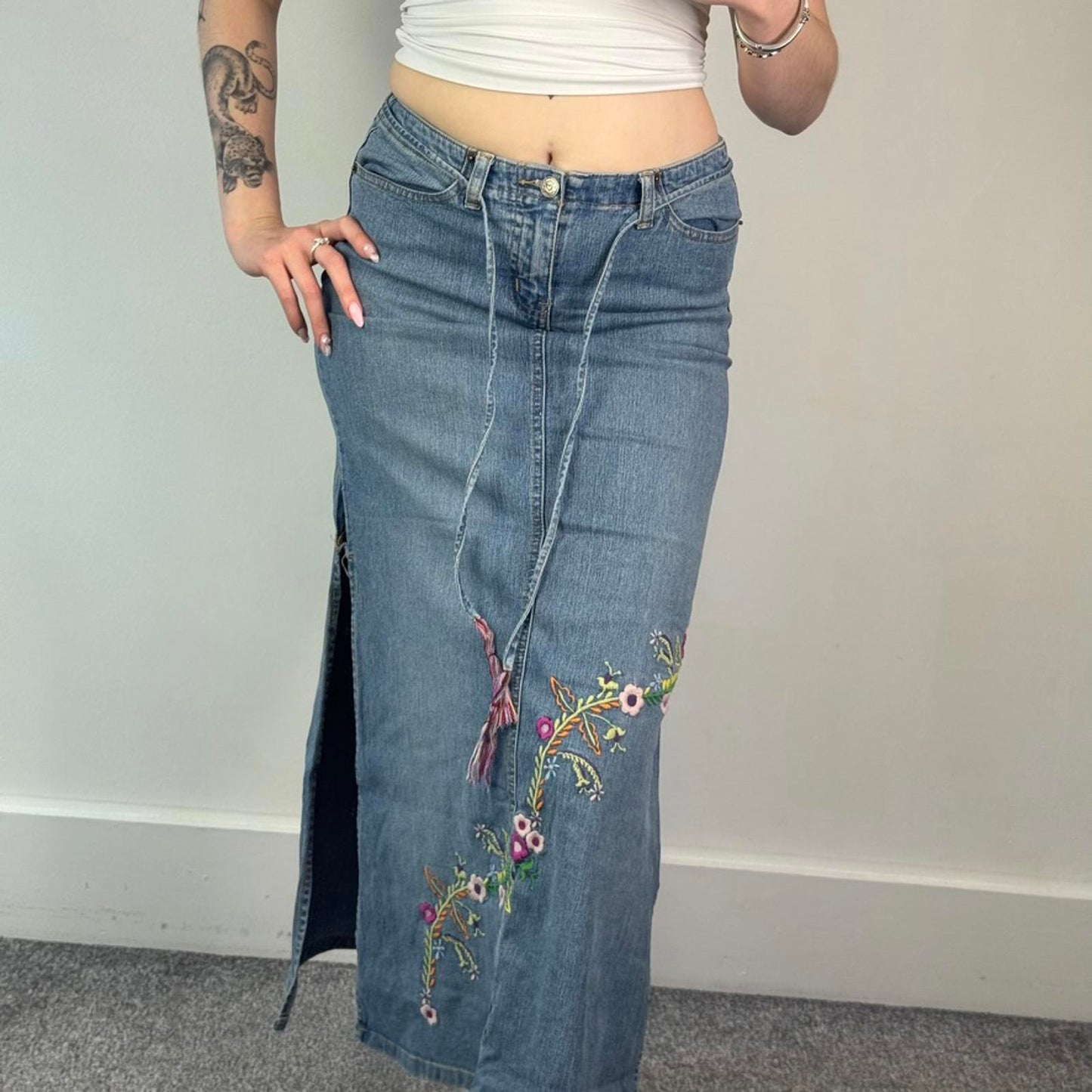 90s Y2K vintage floral embroidery denim maxi skirt thigh split belt light blue