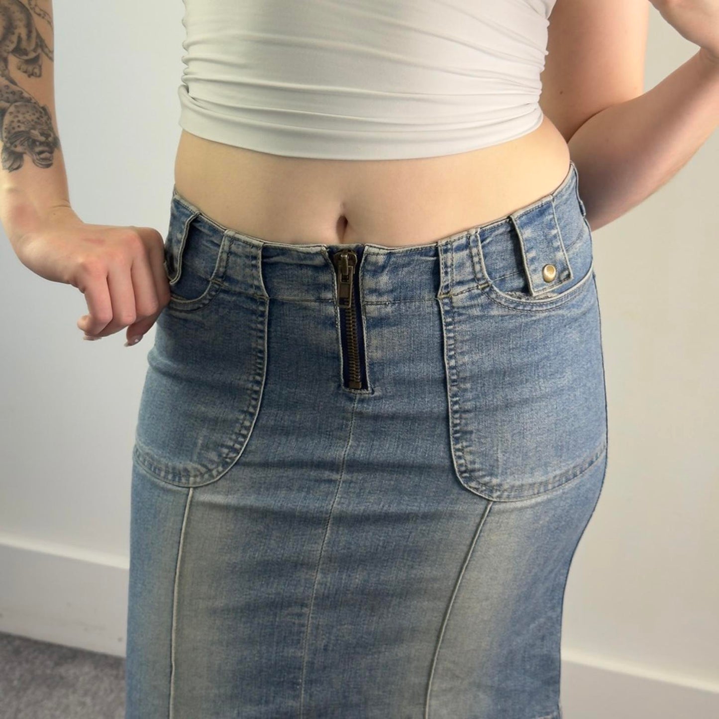 Y2K vintage fitted stretchy faded denim zipper front archive midi skirt cargo