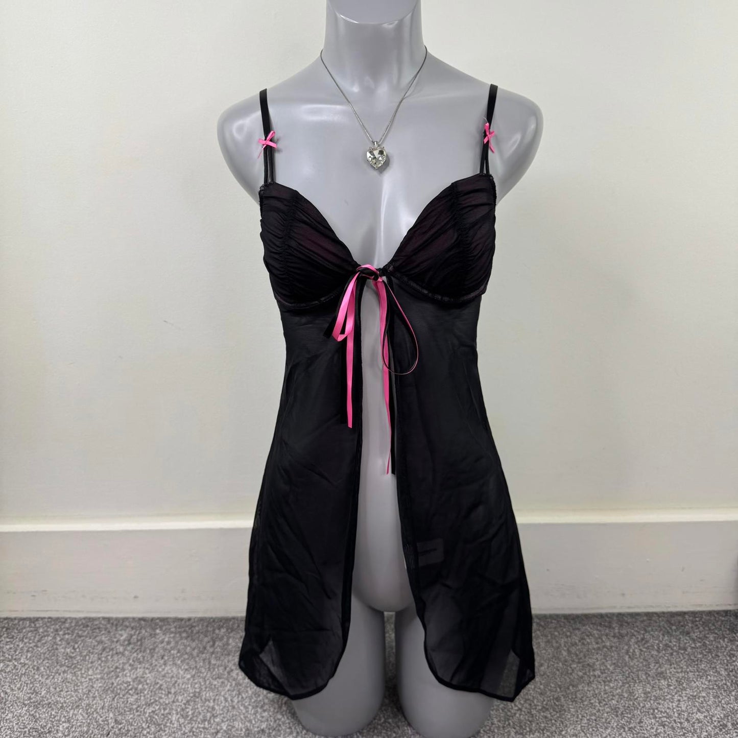 Y2K vintage mesh babydoll bow ruched underwire padded sheer pink black chemise