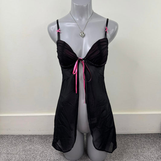 Y2K vintage mesh babydoll bow ruched underwire padded sheer pink black chemise
