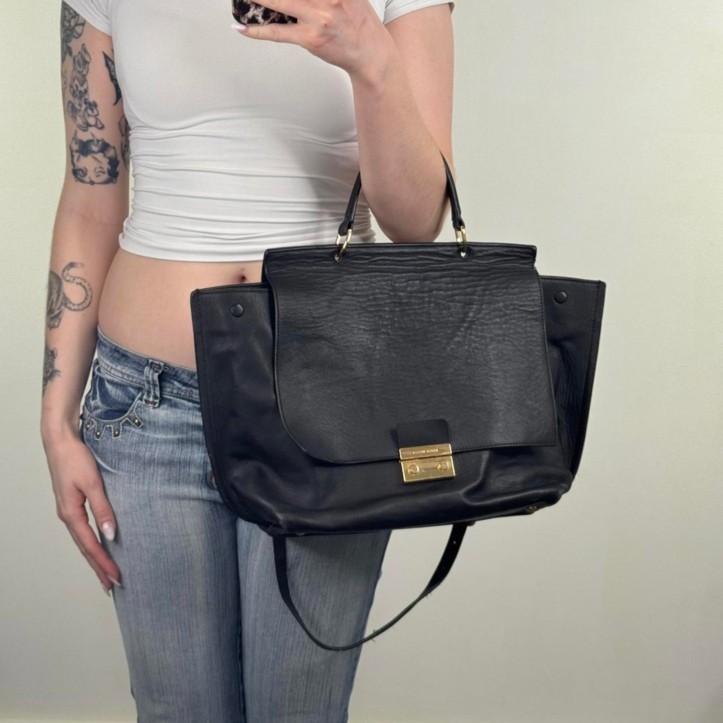 Karen Millen genuine cow leather handbag crossbody strap large work office black