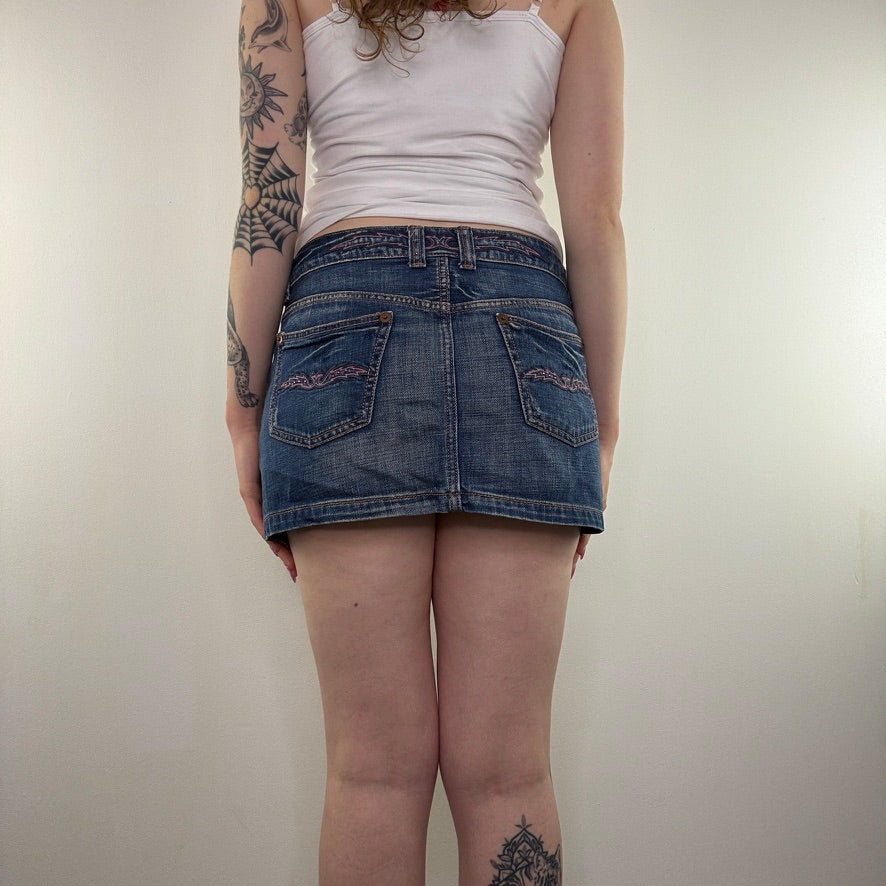 Y2K vintage tribal rhinestone low rise denim mini skirt