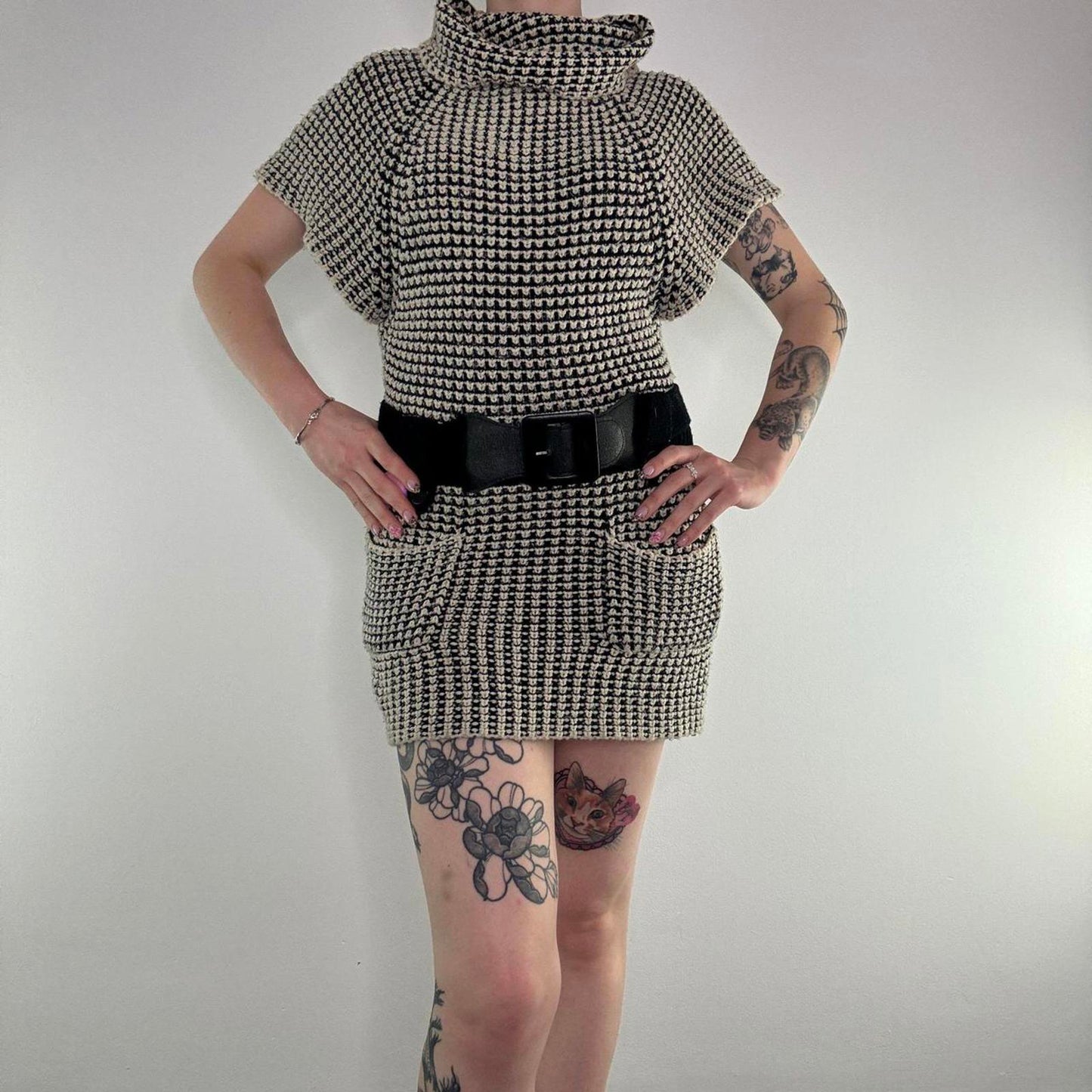 Y2K vintage turtleneck belted knit mini dress roll neck belt chunky knit