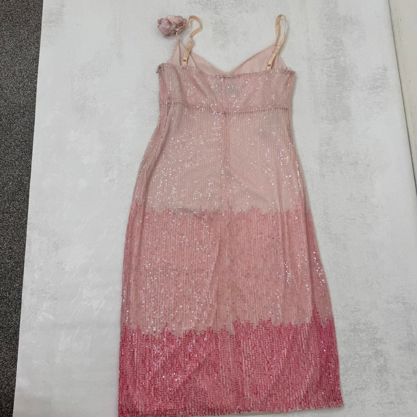 Y2K vintage Karen Millen sequin midi dress ombre pink fitted party evening