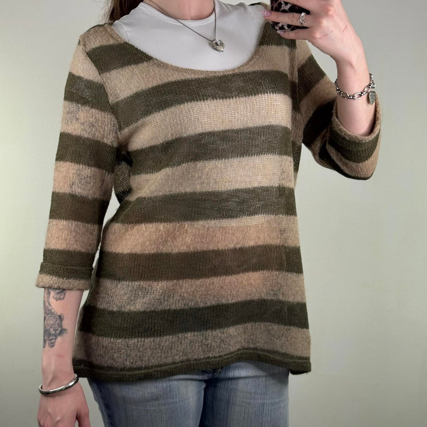 Y2K vintage fine knit stripe 3/4 sleeve top round neckline khaki sheer knitted