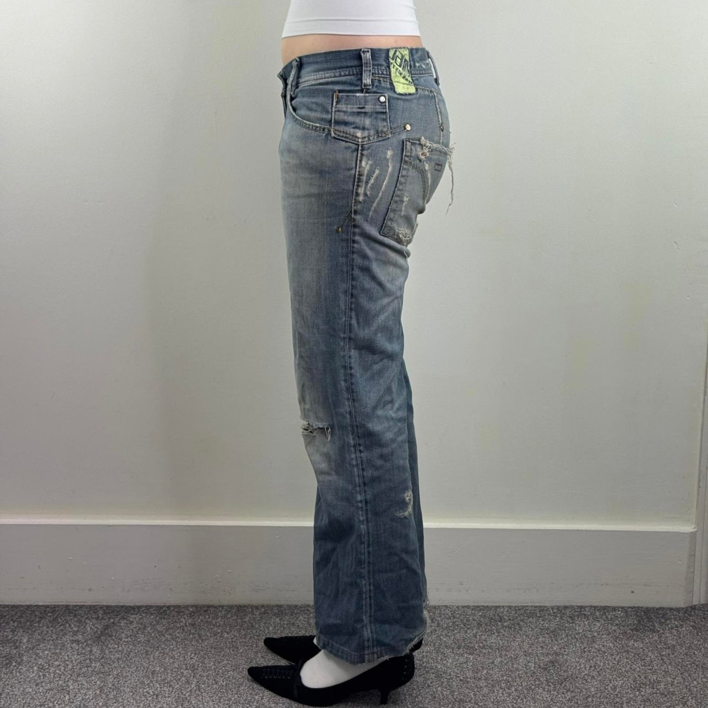Y2K vintage Miss Sixty low rise jeans wide flare leg baggy distressed dirty wash