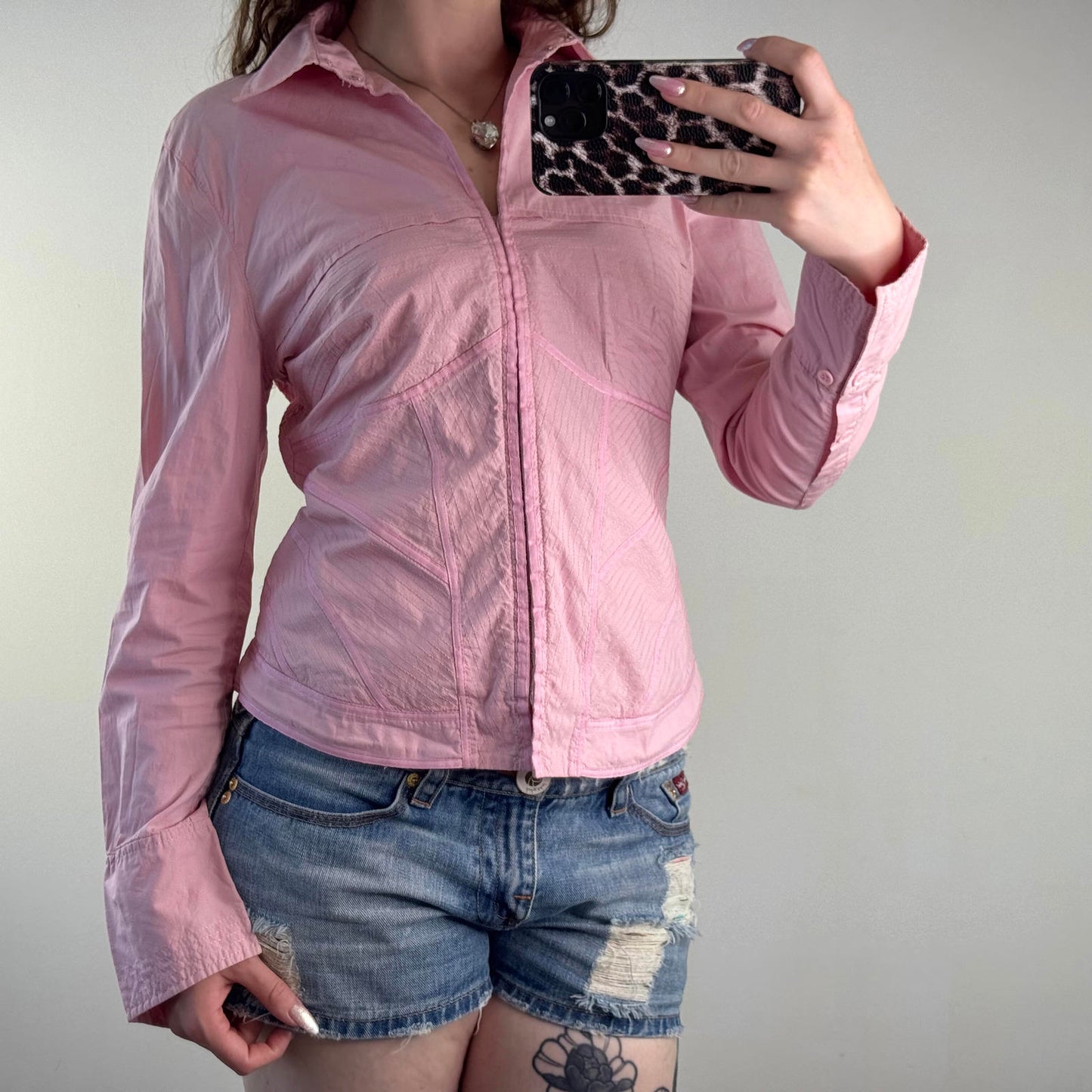 Y2K vintage stretchy hook and eye shirt long sleeve keyhole structured stitching