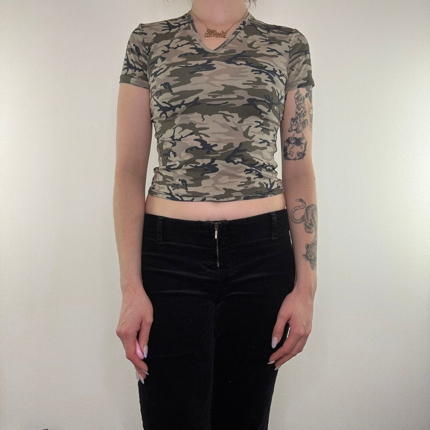 Y2K vintage camo mesh top baby tee cropped v neck fine mesh