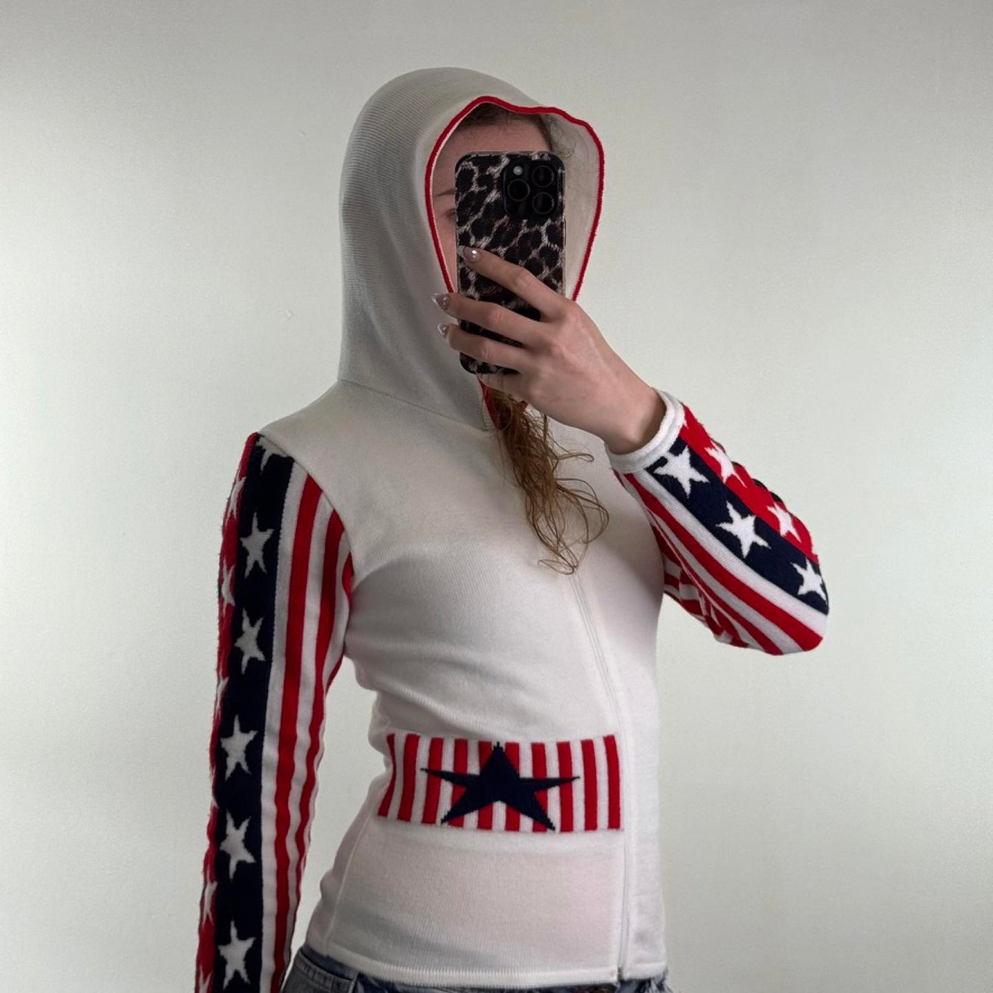 Y2K vintage USA zip up hoodie America star stripe knitted knit blue red white