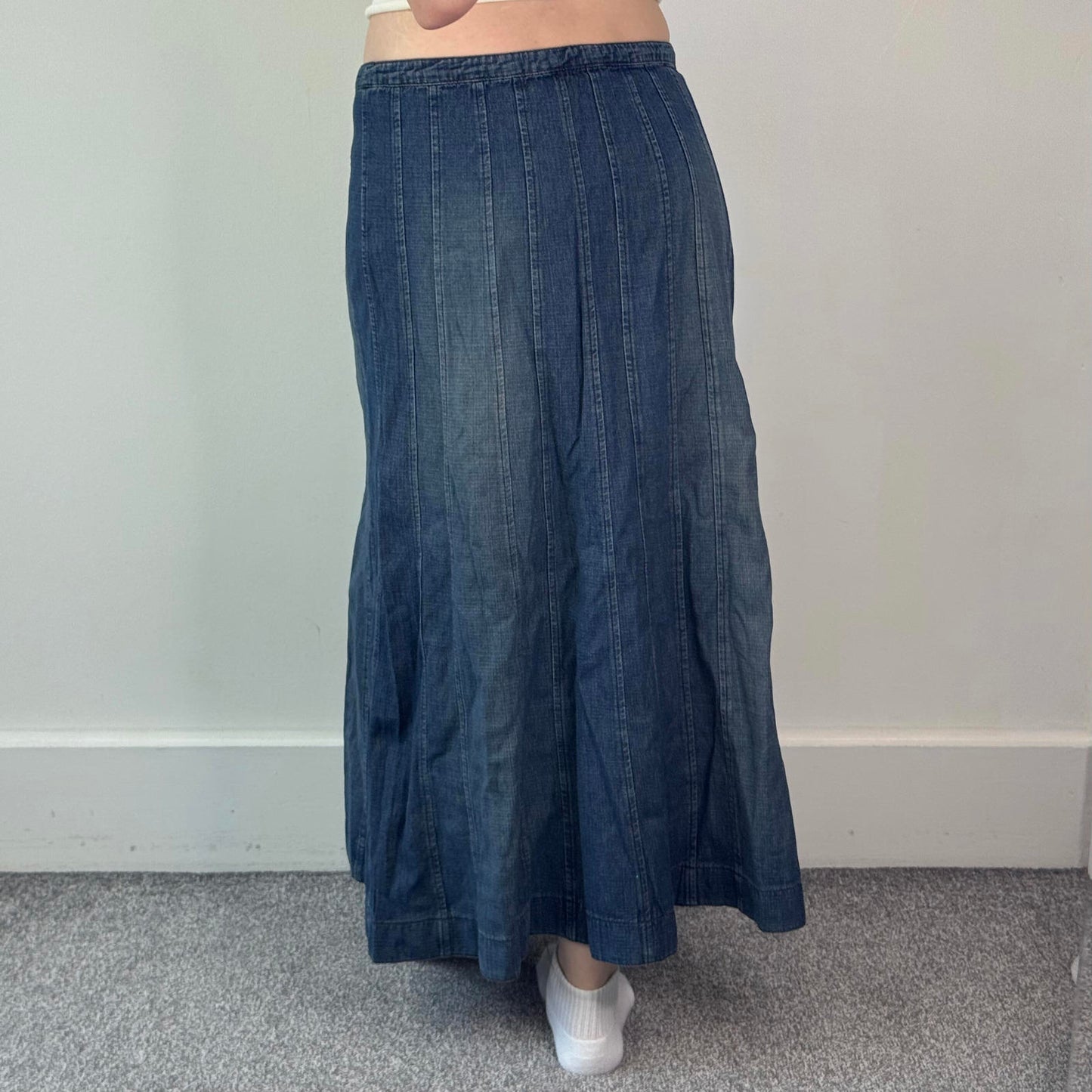 Y2K vintage faded denim maxi skirt a line blue wash vertical stitching