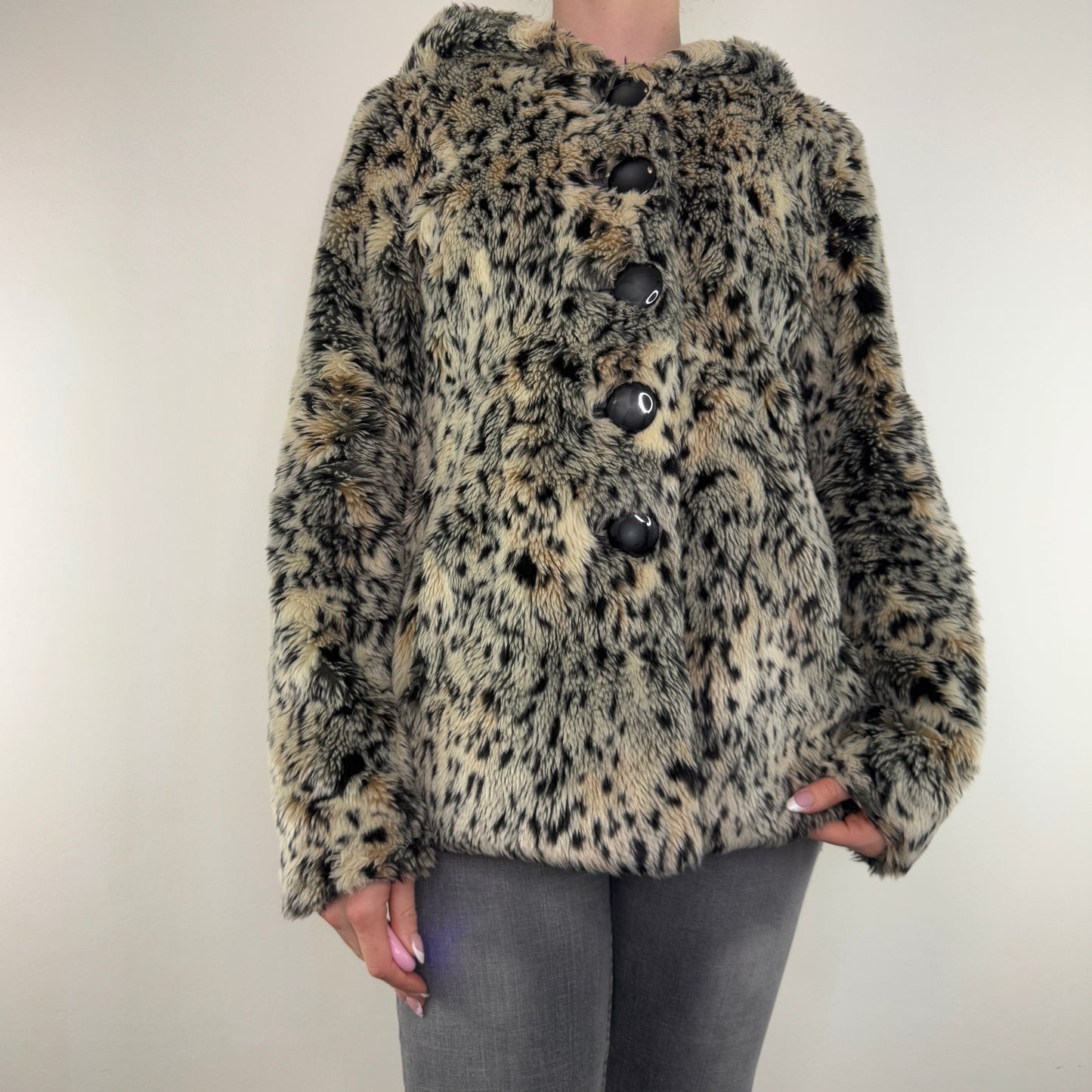 Y2K vintage faux fur coat leopard print button up hood oversized jacket